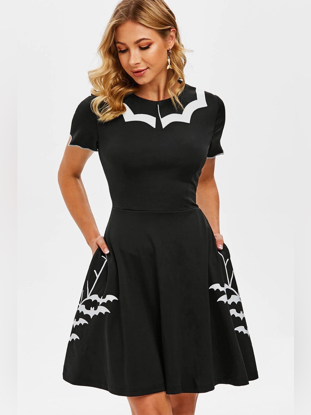 Black and White Short-Sleeve Casual Dress with Bat Accent